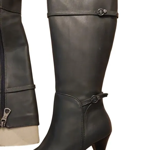 BCBGMAXAZARIA AVA Belted Dark Charcoal Grey Leather Boots Retail Sz 6.5 $434