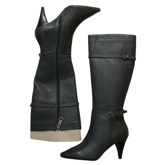 BCBGMAXAZARIA AVA Belted Dark Charcoal Grey Leather Boots Retail Sz 6.5 $434