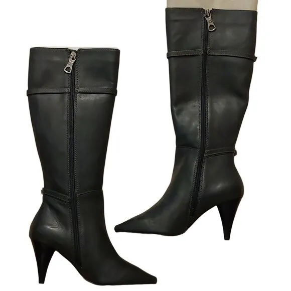 BCBGMAXAZARIA AVA Belted Dark Charcoal Grey Leather Boots Retail Sz 6.5 $434