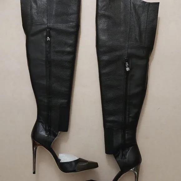 BCBGMAXAZARIA Concorde Stampede Over the Knee Black Leather Lizard Boots $695