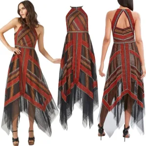 BCBGMAXAZRIA Embroidered HandkerchiefTulle Formal Lace Maxi Dress Valentine 0