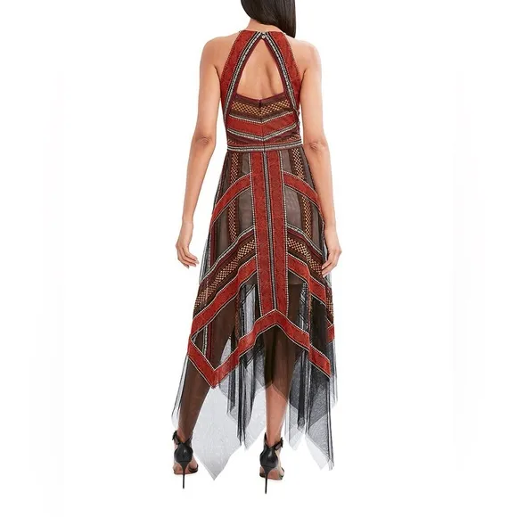 BCBGMAXAZRIA Embroidered HandkerchiefTulle Formal Lace Maxi Dress Valentine 0