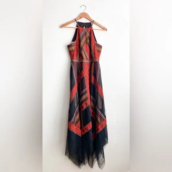 BCBGMAXAZRIA Embroidered HandkerchiefTulle Formal Lace Maxi Dress Valentine 0