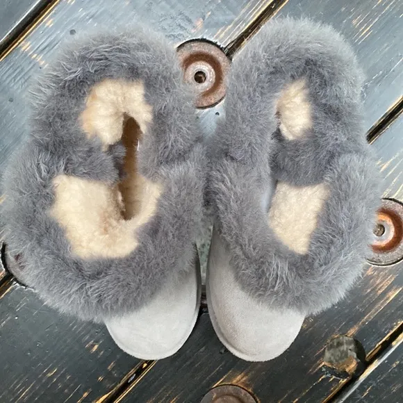 BearPaw Furry Boots with Side Buckle Accent in Gray