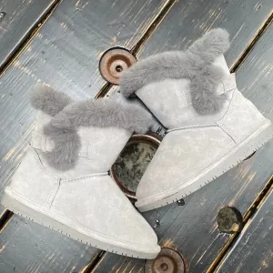 BearPaw Furry Boots with Side Buckle Accent in Gray