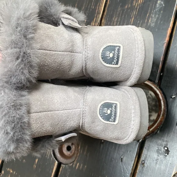 BearPaw Furry Boots with Side Buckle Accent in Gray