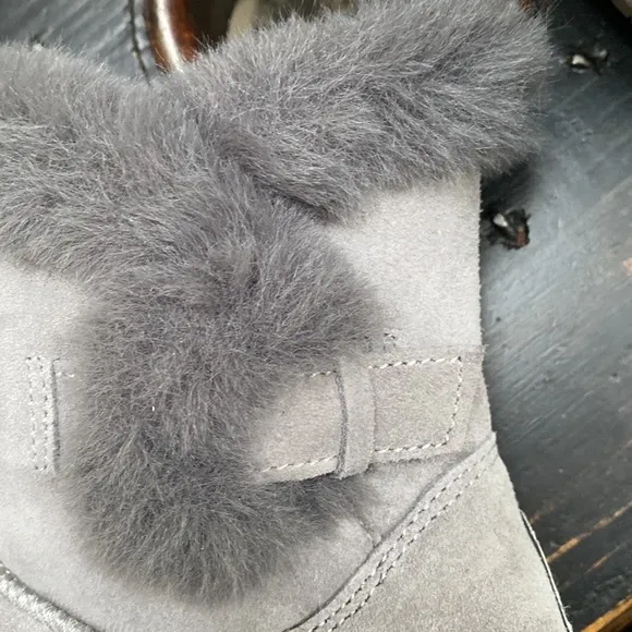 BearPaw Furry Boots with Side Buckle Accent in Gray