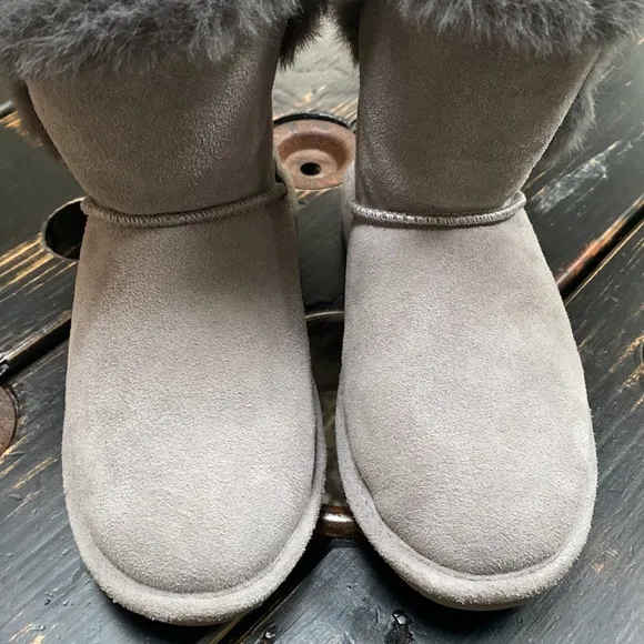 BearPaw Furry Boots with Side Buckle Accent in Gray