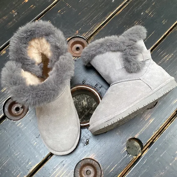 BearPaw Furry Boots with Side Buckle Accent in Gray