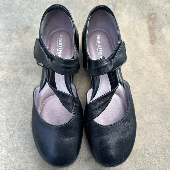 BeautiFeel Pleasure Black Leather Mary Janes Flats Comfort Shoes SZ 38 US 7.5-8