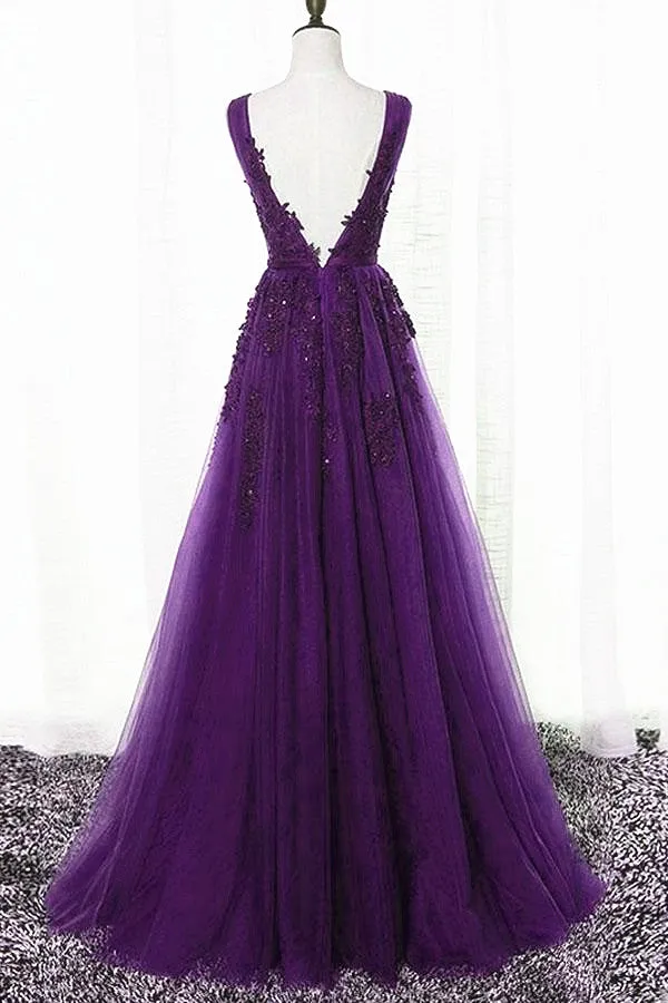 Beautiful Purple Tulle A-line Party Dress, Long Bridesmaid Dress