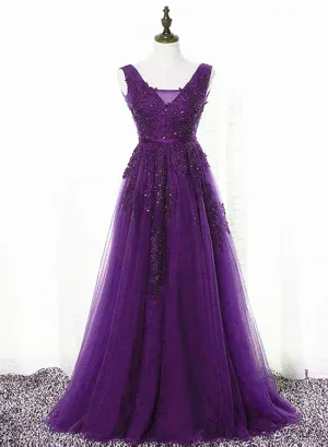 Beautiful Purple Tulle A-line Party Dress, Long Bridesmaid Dress