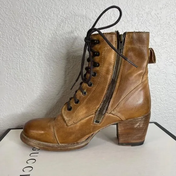 Bed Stu Judgement Tan Rustic Leathe Ankle Boots Heels Zip Side Women's Size 8 US