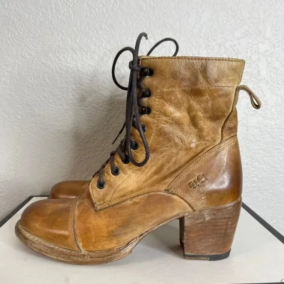 Bed Stu Judgement Tan Rustic Leathe Ankle Boots Heels Zip Side Women's Size 8 US