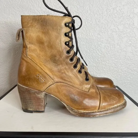 Bed Stu Judgement Tan Rustic Leathe Ankle Boots Heels Zip Side Women's Size 8 US