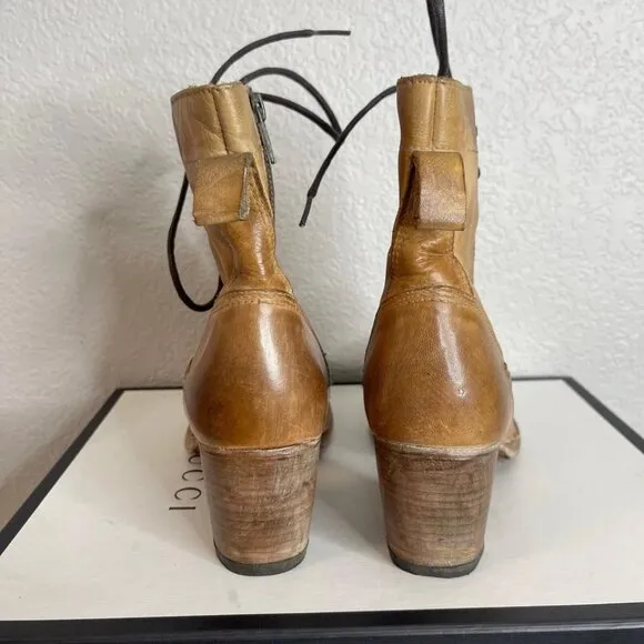 Bed Stu Judgement Tan Rustic Leathe Ankle Boots Heels Zip Side Women's Size 8 US