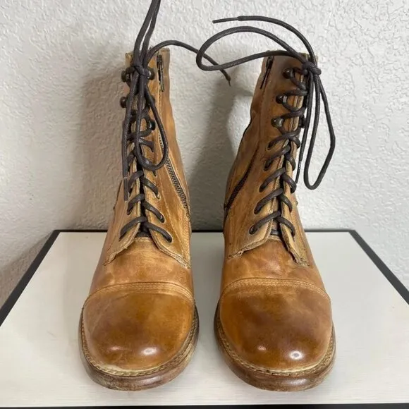 Bed Stu Judgement Tan Rustic Leathe Ankle Boots Heels Zip Side Women's Size 8 US