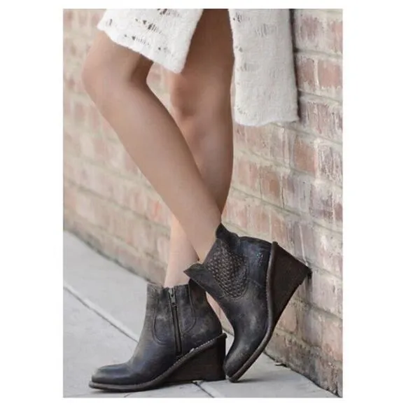 Bed stu Sz 6.5 Countess Perforated Bootie Distressed Leather Wedge Boots