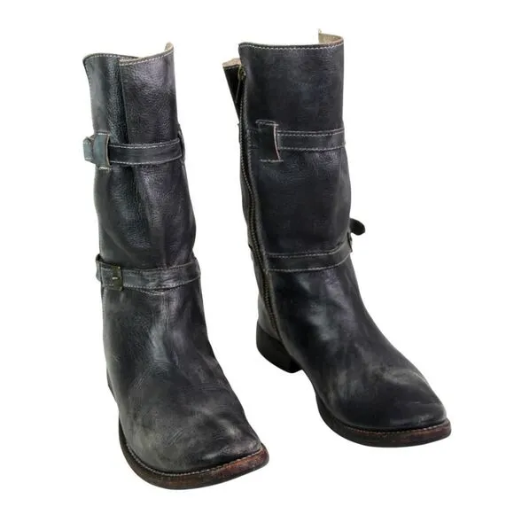 Bed Stu DARK GRAY REAL LEATHER ZIP SIDE LOW HEEL ROUND TOE BELTED BOOTS Sz 7.5