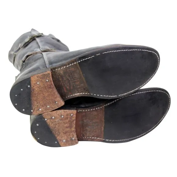 Bed Stu DARK GRAY REAL LEATHER ZIP SIDE LOW HEEL ROUND TOE BELTED BOOTS Sz 7.5