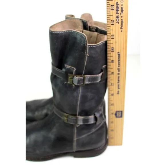 Bed Stu DARK GRAY REAL LEATHER ZIP SIDE LOW HEEL ROUND TOE BELTED BOOTS Sz 7.5