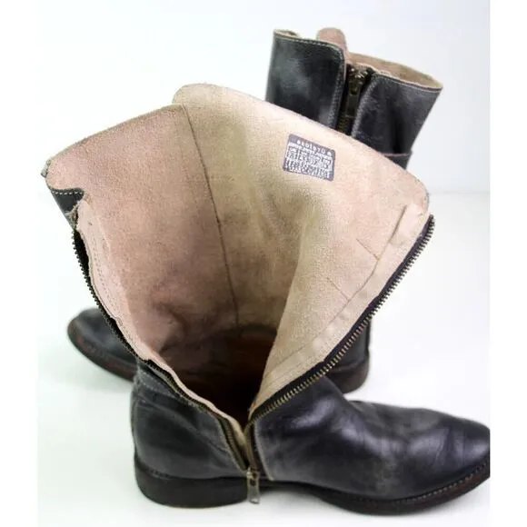 Bed Stu DARK GRAY REAL LEATHER ZIP SIDE LOW HEEL ROUND TOE BELTED BOOTS Sz 7.5