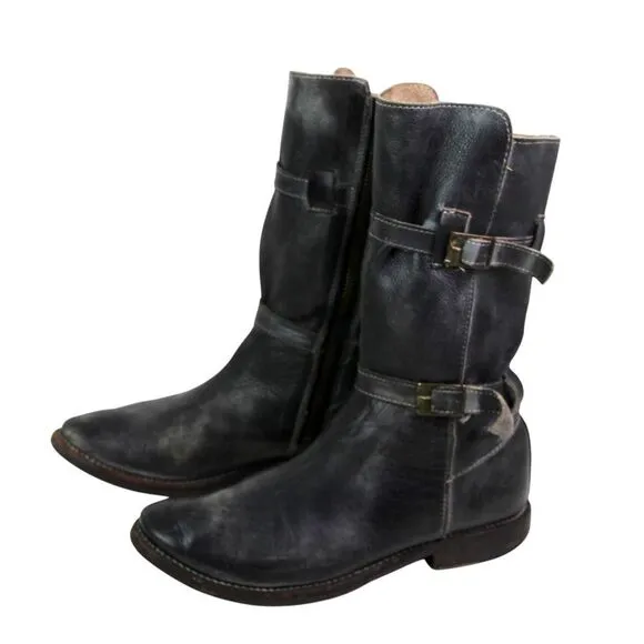 Bed Stu DARK GRAY REAL LEATHER ZIP SIDE LOW HEEL ROUND TOE BELTED BOOTS Sz 7.5