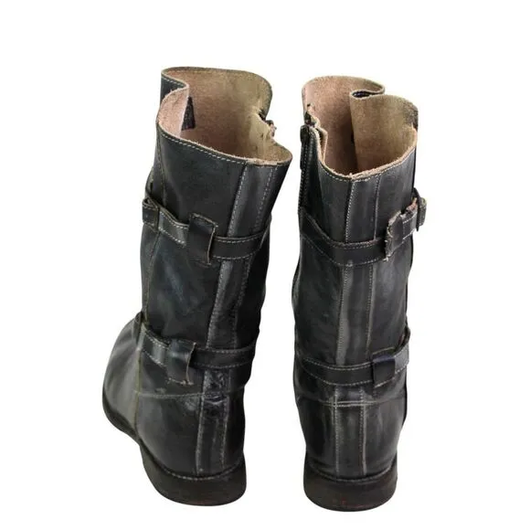 Bed Stu DARK GRAY REAL LEATHER ZIP SIDE LOW HEEL ROUND TOE BELTED BOOTS Sz 7.5
