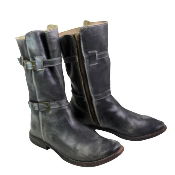 Bed Stu DARK GRAY REAL LEATHER ZIP SIDE LOW HEEL ROUND TOE BELTED BOOTS Sz 7.5