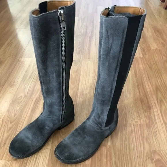 Bed Stu Tall Gray Suede Leather Boots Side Zip