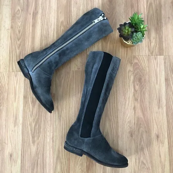 Bed Stu Tall Gray Suede Leather Boots Side Zip
