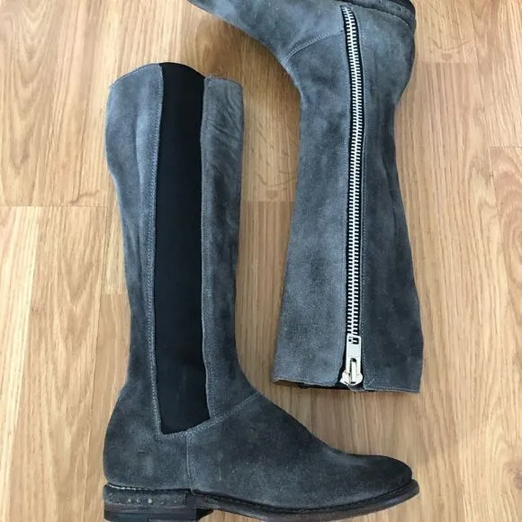 Bed Stu Tall Gray Suede Leather Boots Side Zip
