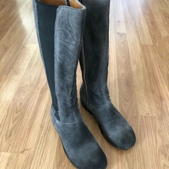 Bed Stu Tall Gray Suede Leather Boots Side Zip