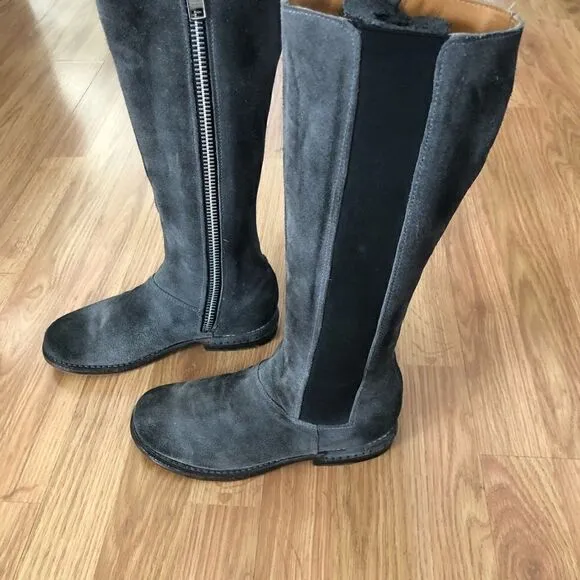 Bed Stu Tall Gray Suede Leather Boots Side Zip