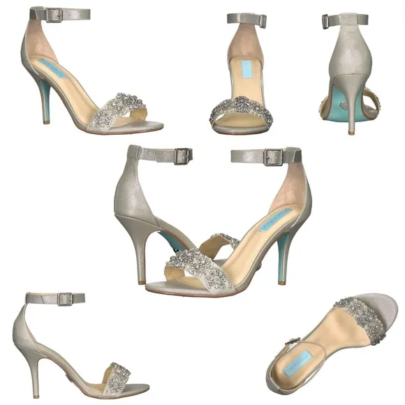 Betsey Johnson Gina Jeweled Ankle Strap Dress Sandals Silver Satin Stiletto Heel