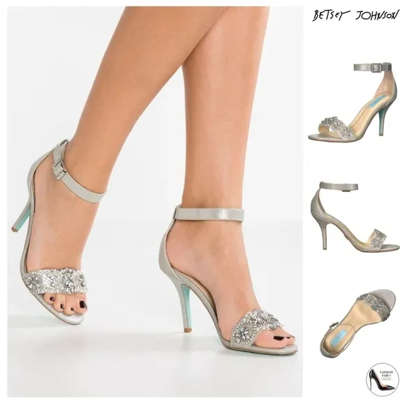 Betsey Johnson Gina Jeweled Ankle Strap Dress Sandals Silver Satin Stiletto Heel