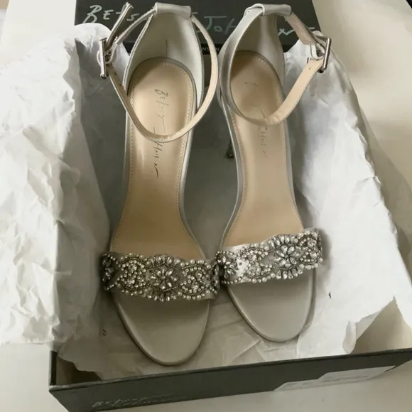 Betsey Johnson Gina Jeweled Ankle Strap Dress Sandals Silver Satin Stiletto Heel