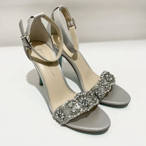Betsey Johnson Gina Jeweled Ankle Strap Dress Sandals Silver Satin Stiletto Heel