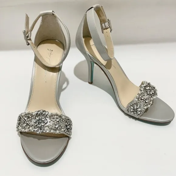 Betsey Johnson Gina Jeweled Ankle Strap Dress Sandals Silver Satin Stiletto Heel
