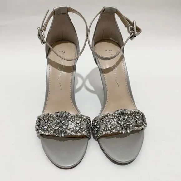 Betsey Johnson Gina Jeweled Ankle Strap Dress Sandals Silver Satin Stiletto Heel