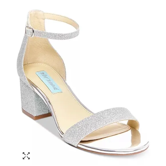 Betsey Johnson Miri Evening Sandals Ankle Strap Block Heel Silver Sparkle 8.5