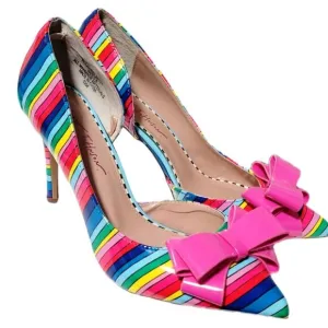 Betsey Johnson Relay Striped Rainbow Point Toe Bow Pumps Size 7.5
