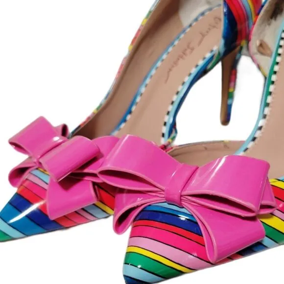 Betsey Johnson Relay Striped Rainbow Point Toe Bow Pumps Size 7.5