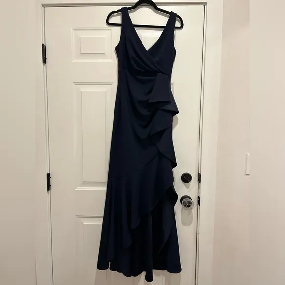 Betsy &amp; Adam V-Neck Cascade Ruffle High-Low Gown