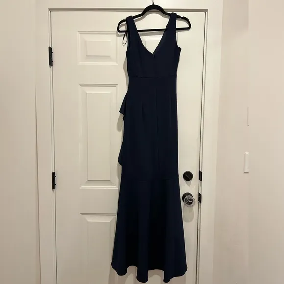 Betsy &amp; Adam V-Neck Cascade Ruffle High-Low Gown