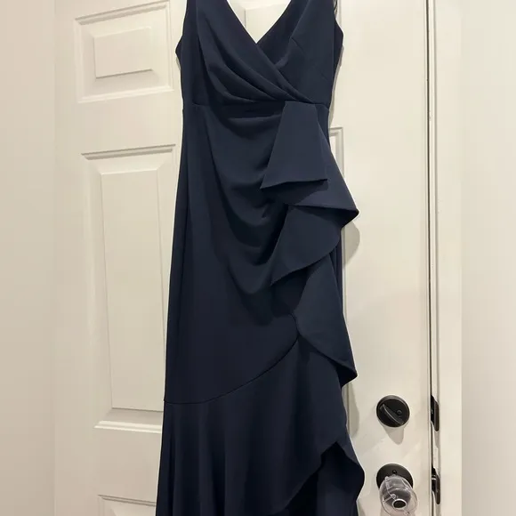 Betsy &amp; Adam V-Neck Cascade Ruffle High-Low Gown