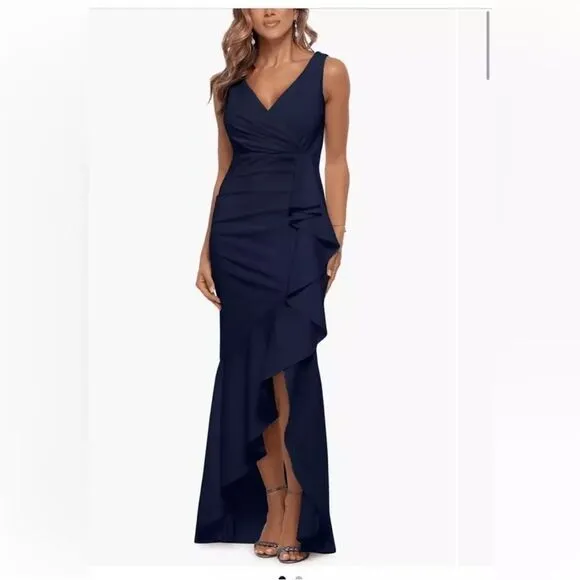 Betsy &amp; Adam A24829P V-Neck Cascade Ruffle High-Low Gown Size 10P $249.