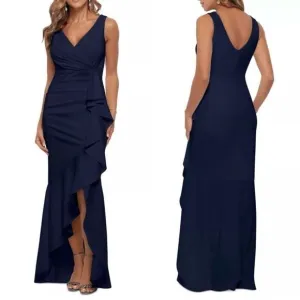 Betsy &amp; Adam A24829P V-Neck Cascade Ruffle High-Low Gown Size 10P $249.