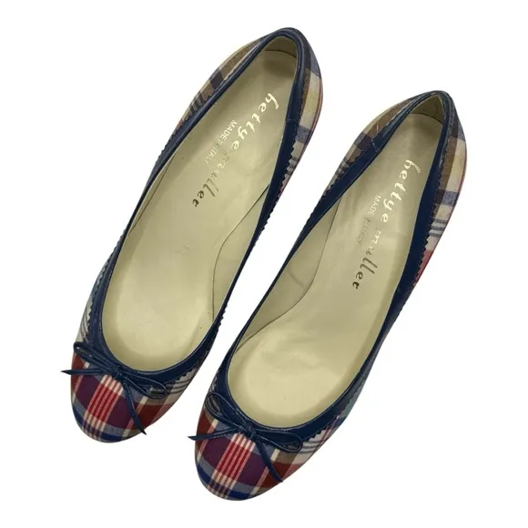 Bettye Muller Round Toe Red, Blue, &amp; Cream Plaid Heels Vintage Look 38.5 (US 8)