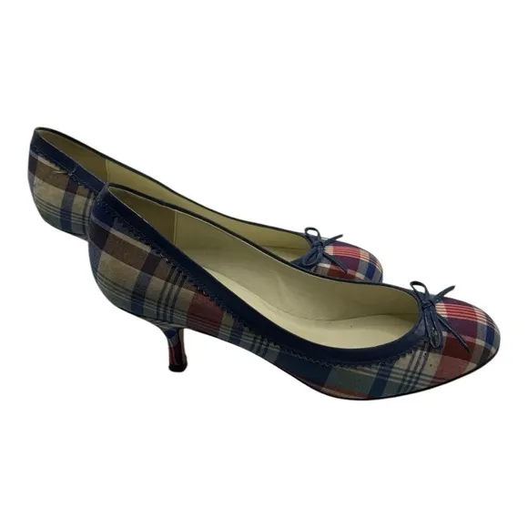 Bettye Muller Round Toe Red, Blue, &amp; Cream Plaid Heels Vintage Look 38.5 (US 8)